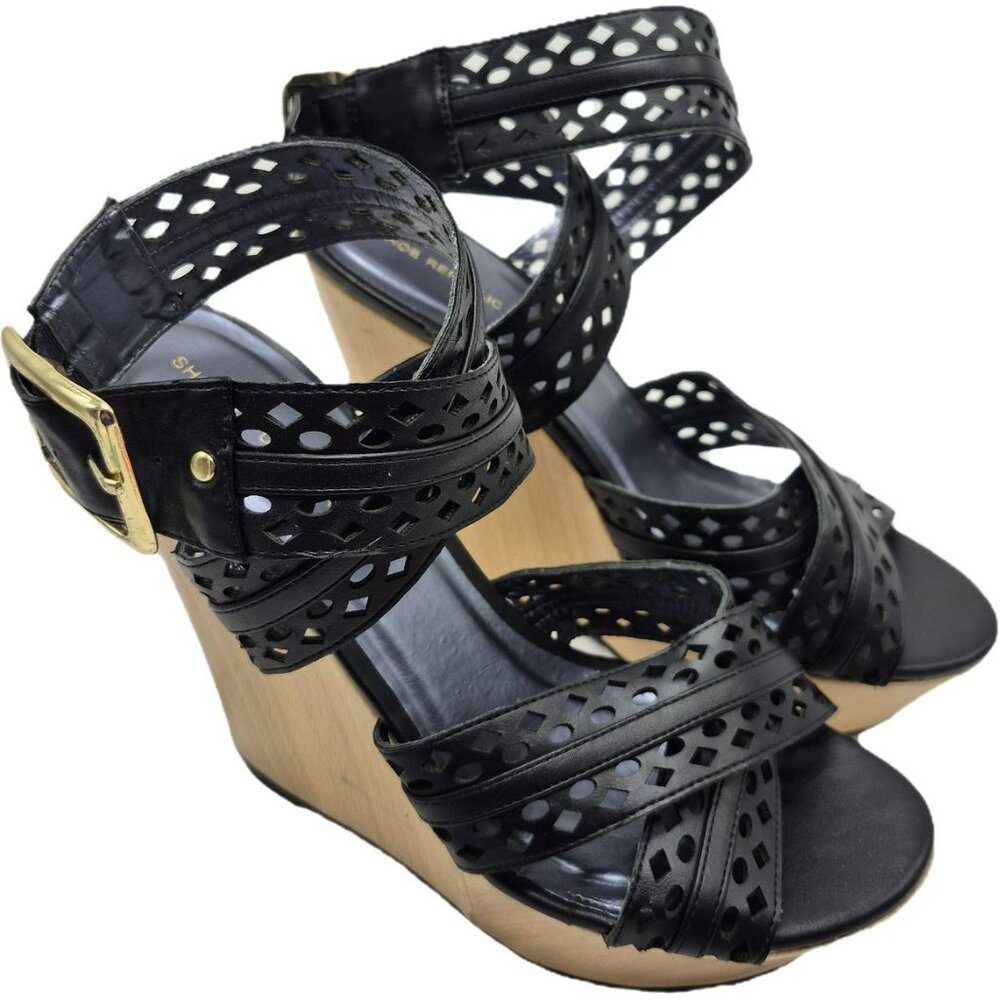 Shoe Republic LA Black Laser-Cut PU Leather Platform Wedge Sandals Women's 8.5
